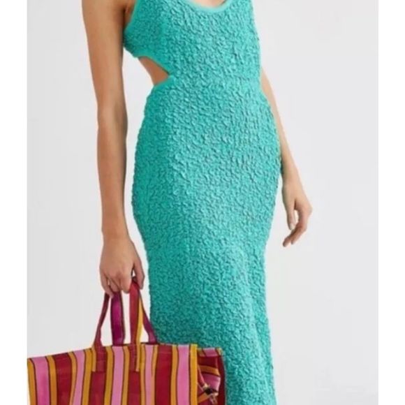 Free People Za Za Midi Maxi Dress Fitted Cutout Puckered Smocked Green Blue - Picture 3 of 6